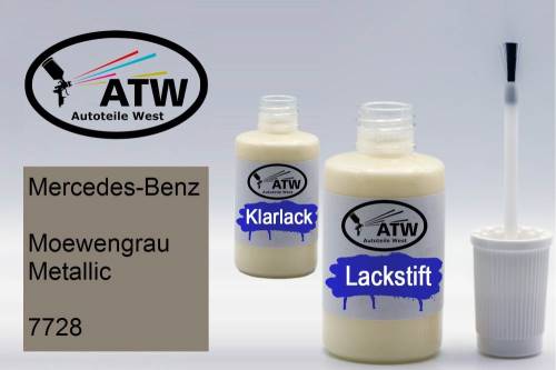 Mercedes-Benz, Moewengrau Metallic, 7728: 20ml Lackstift + 20ml Klarlack - Set, von ATW Autoteile West.